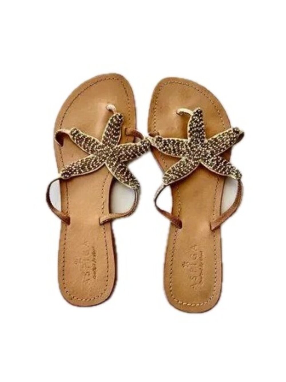 Aspiga Gold Starfish Women's Thong Style Beaded Leather Sandals Gold Size 39